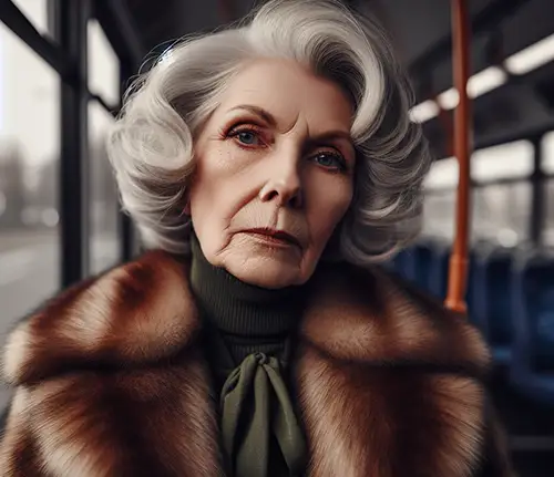 woman with fur staring